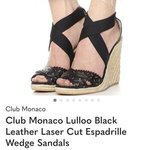 Club Monaco Lulloo Black Leather Laser Cut Espadrille Wedge Sandals